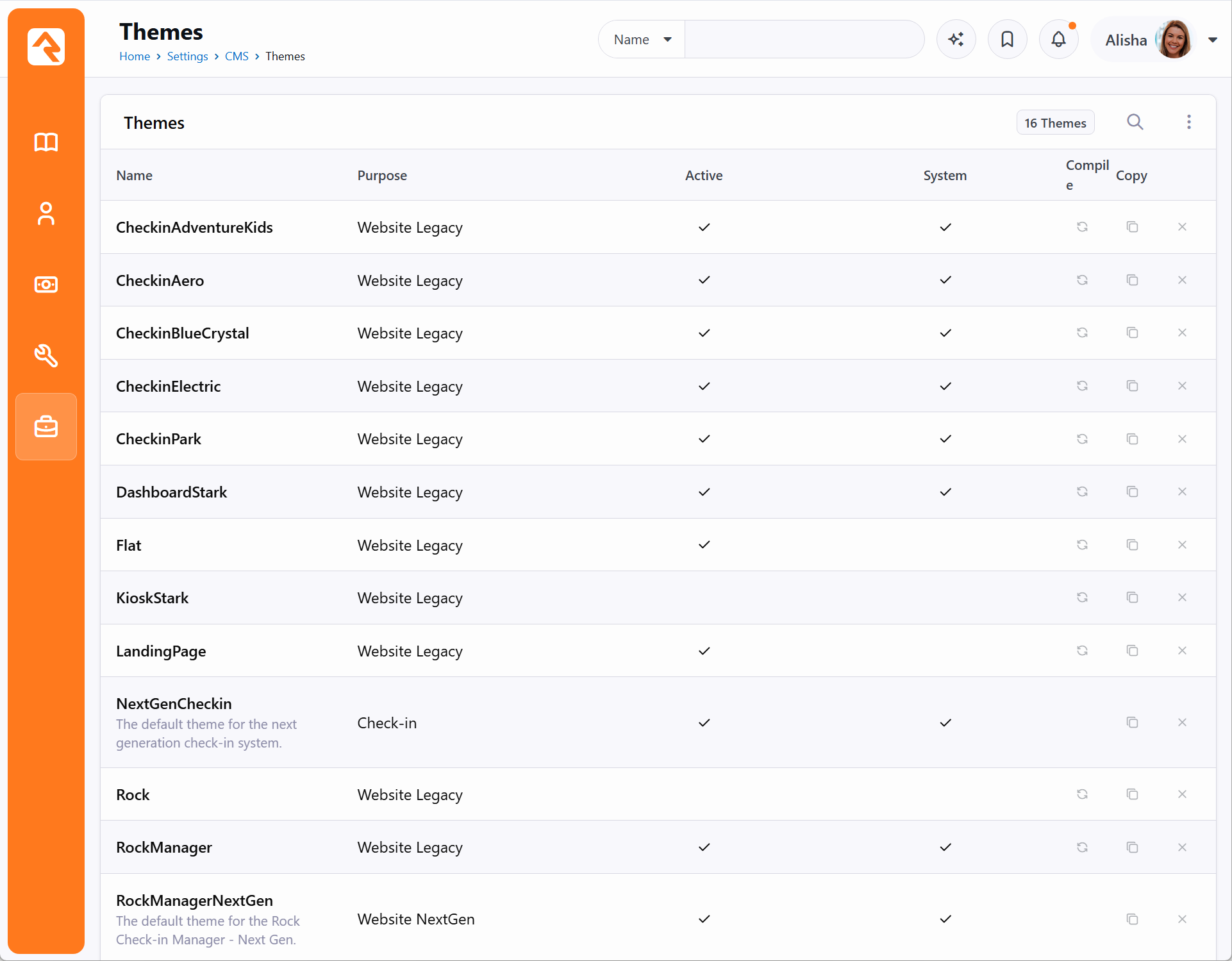 Theme list showing installed themes and their purpose