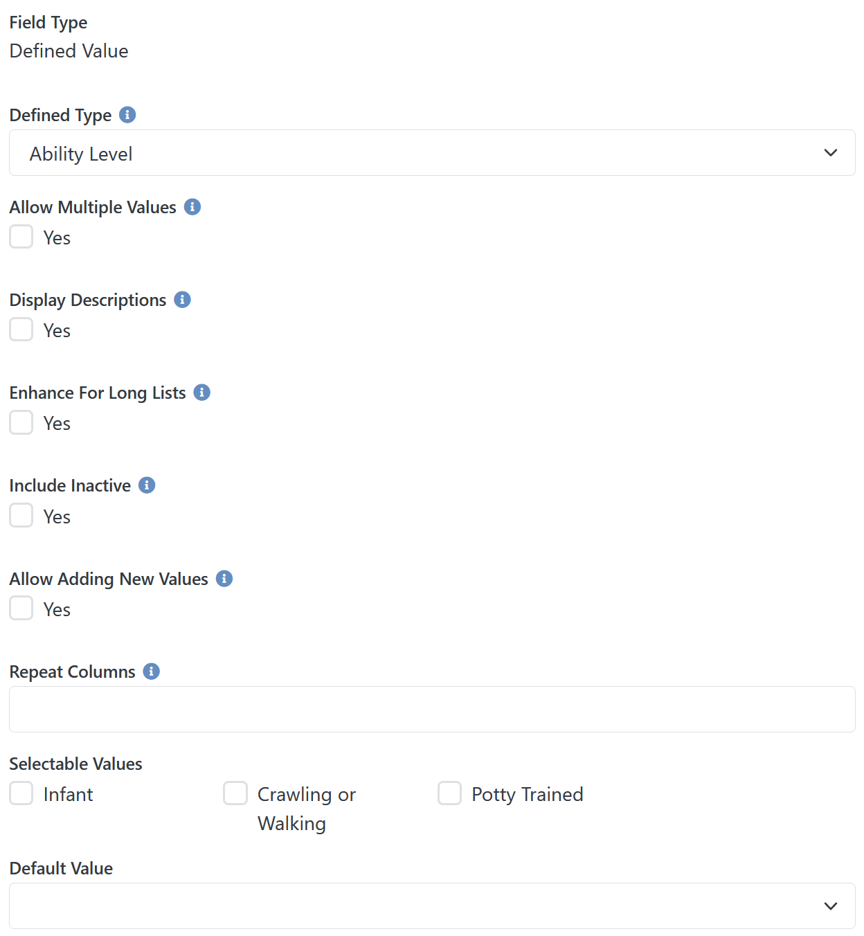 Example configuring a DefinedValueFieldtype attribute