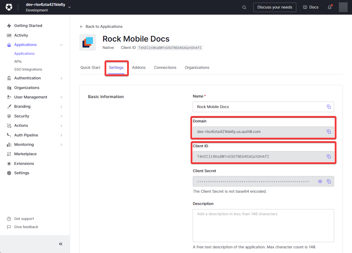 &nbsp; Note down the&nbsp;Client ID&nbsp;and&nbsp;Domain&nbsp;of your Auth0 application.&nbsp;&nbsp;