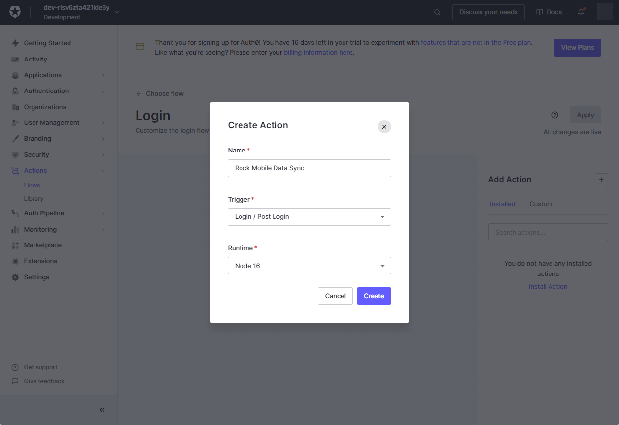Custom action creation settings.