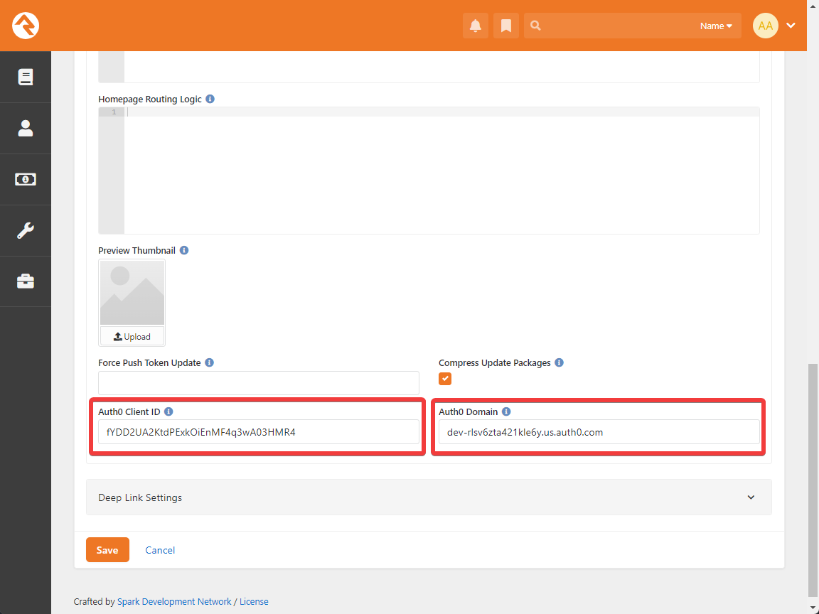Auth0 Client ID and Domaun mobile settings.