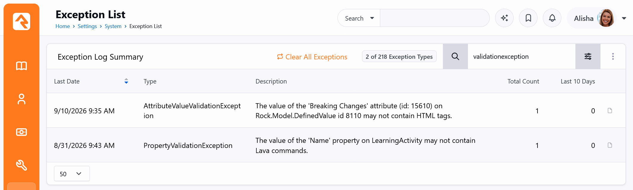 The Exception List filtered to validation exceptions, showing one attribute exception and one property exception